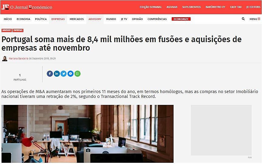 Portugal soma mais de 8,4 mil milhes em fuses e aquisies de empresas at novembro